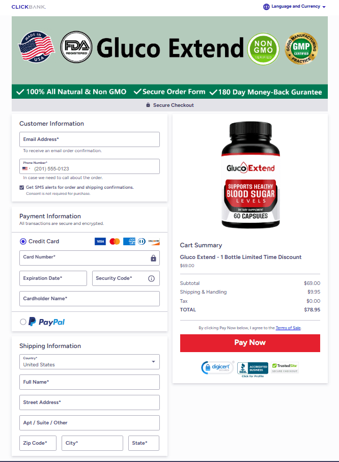 Gluco Extend secure checkout page